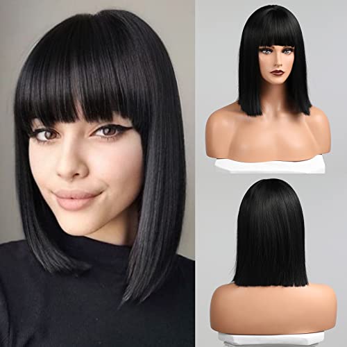Akkya Black Bob Wigs With Bangs For Black Women Short Straight