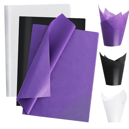 Image of BEISHIDA 90 Sheets Purple Black White Tissue Paper Bulk, Halloween Wrapping Tissue Paper for Gift Bags, 14 x 20 Inch Gift Wrap for Halloween Graduation Birthday DIY Crafts Holiday Flowers