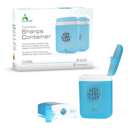SafeFine Reisformaat Sharps afvalcontainer voor diabetische naalden en teststrips - compact formaat voor reizen en dagelijks persoonlijk gebruik - 2 stuks voordeelverpakking