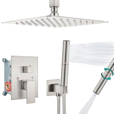 Aolemi Ceiling Mount Shower System with Rainfall Shower Head and Handheld,High Pressure Shower Faucet Set Fixture Combo with 2 in 1 Handheld Spray Rough-in Valve,12 Inch Shower Head Brushed Nickel