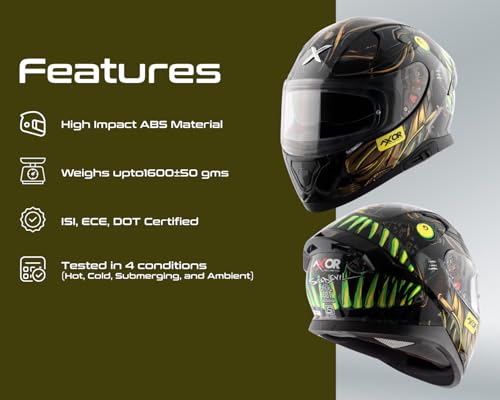Image of Axor Apex Seadevil ISI ECE DOT Certified Full Face Dual Visor Helmet for Men and Women with Pinlock Fitted Outer Clear Visor and Inner Smoke Sun Visor Black Gold(XL)