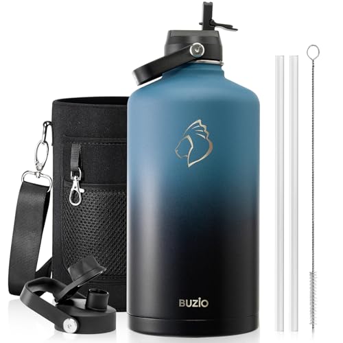 BUZIO 1 Gallon Water Bottle Insulated with Straw Lid, 128oz Large Water Jug Stainless Steel Metal Vacuum Water Flask Leak Proof 18/8 Food Grade Thermo Mug Keep Cold 48H & Hot 24H, Indigo Crush