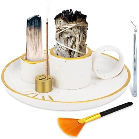 SelfTek 5 in 1 Incense Holder for Sticks, Ceramic Incense Burner Holder and Ash Catcher Tray, Palo Santo Holder - 9 Incense Holes for Candle, Sage Holder for Burning for Meditation Yoga Room (White) Cover