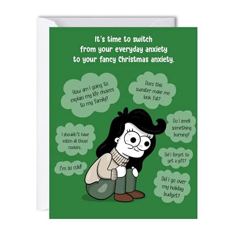 Christmas Cards Funny / Holiday Greeting Cards for Friends (1 Card, Everyday anxiety to fancy Christmas anxiety) Cover
