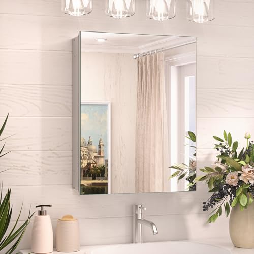 TokeShimi 14 x 18 Silver Medicine Cabinet Aluminum Mirror Medicine Cabinet Wall Mounted or Recessed with Stepless Adjustable Amply Storage