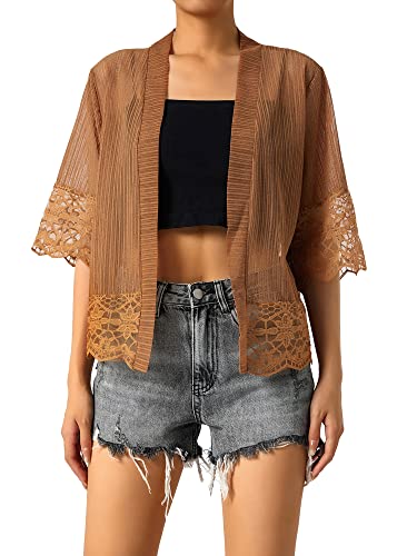 Image of Women Casual Lace Crochet Cardigan Short Sleeve Sheer Cover Up Jacket Ruffle Open Front Blouse Tops Summer Kimono Cardigans