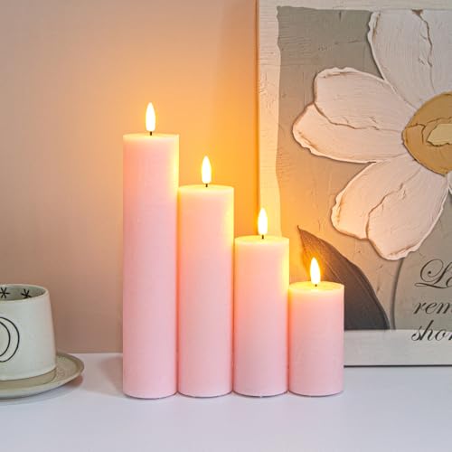 Image of Flickering Flameless Pillar Candles with Remote Control and Cycle Timer,Pink Pack of 4 Battery Operated(Powered by 2AA) LED Real Wax Tall Fake 3D-Wick Electric Candles(D 2.2 inch x H 4 inch,6 inch,8 inch,10 inch)