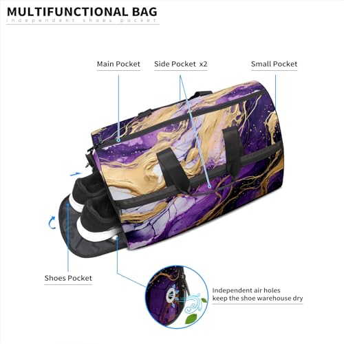 Gym Bag for Women Men, Yoga Bag with Shoe Pocket, Travel Duffel Tote Bag for Plane, Workout, Swimming, Weekend Overnight Bag Carry on Bag Hospital Holdalls, Marble Purple - 24