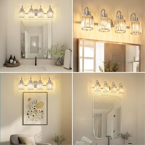 Image of Brushed Nickel Bathroom Light Fixtures with K9 Crystal Lampshade Bathroom Lighting Over Mirror Vanity Lights for Living Room,Bedroom,Restroom,Hallway 4 Lights