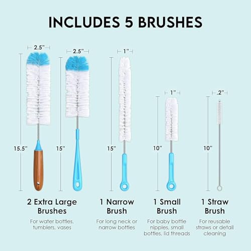 Image of Bottle Brush Cleaner Set, 5 Pack, Long Brushes for Water Bottles, Tumblers, Wine Decanter, Baby Bottles, Flasks, Kitchen Cleaning Supplies