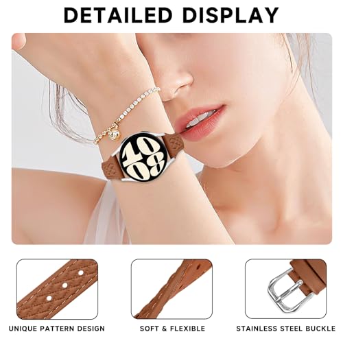 HAYONLIY Slim Leather Band Compatible for Samsung Galaxy Watch 6/5/4 40mm 44mm, 5 Pro 45mm, Watch 6/4 Classic 43mm 47mm 42mm 46mm, 20mm Replacement Thin Wristband Strap for Women Brown