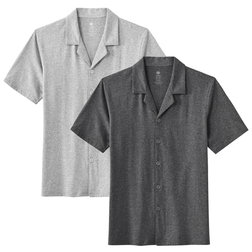 MoFiz Pjs Mens Button Up Pajama Shirt Cotton Mens Sleepwear Tops Cool Mens Pajama Tops Breathable Skin Friendly Light Grey/Dark Grey