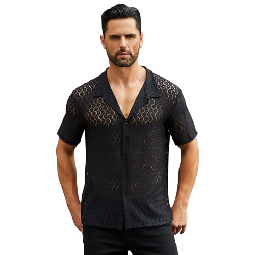 ABEHIK Herren Sexy Rose Netzhemd Kurzarm Durchsichtiges Oberteil Rave Musikfestival Shirt M�nner Kinkywear Swingerclub Outfit schwarz XL