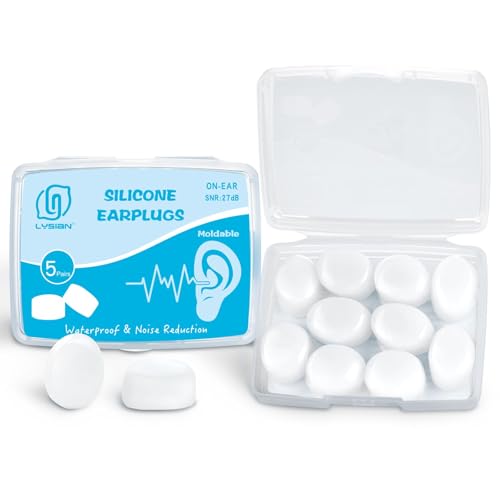 Image of LYSIAN Moldable Silicone Ear Plugs for Sleeping, Snoring & Side Sleepers, Soft Reusable Noise Reduction Earplugs for Sleep, Travel & Swimming, 5 Pairs, Transparent-NEVER INSERT PLUGS DEEP INTO EAR CANAL!