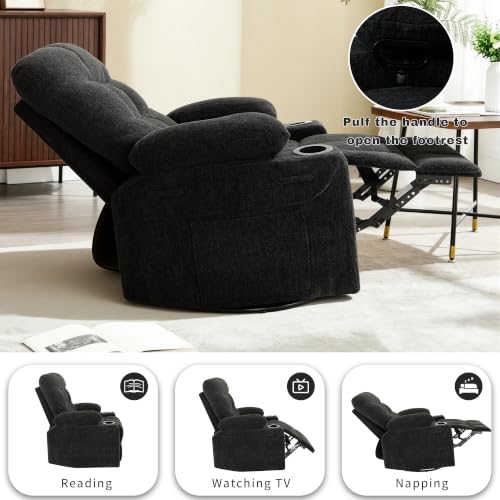 Image of Swivel Rocker Recliner Chair, Recliner Single Sofa with Massage,Manual Nursery Rocking Chair with Side Pockets & Cup Holder, Modern Recliner with Heating for Living Room, Apartment(Black)