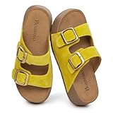 Bouwno Yellow Platform Sandals Women Beach Slide Comfortable Sandals Slip-on Buckle Genuine Leather with Memory Foam Insole Soft Lining and Open Toe Low Wedges