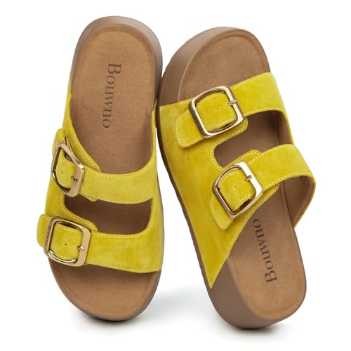 Image of Platform Sandals Women Genuine Leather Slip-on Beach Slide Buckle Comfortable Sandals with Memory Foam Soft Lining and Open Toe Low Wedges