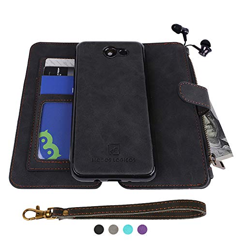 MODOS LOGICOS Samsung Galaxy J7 2017 Case, [Detachable Wallet Folio][2 in 1][Zipper Cash Storage][Up to 14 Card Slots 1 Photo Window] PU Leather Purse with Removable Inner Magnetic TPU Case - Black