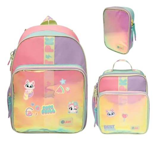 Kit Color Block Menina: Mochila Costas + Lancheira + Estojo Colorblock - Puket Multicor Colorblock