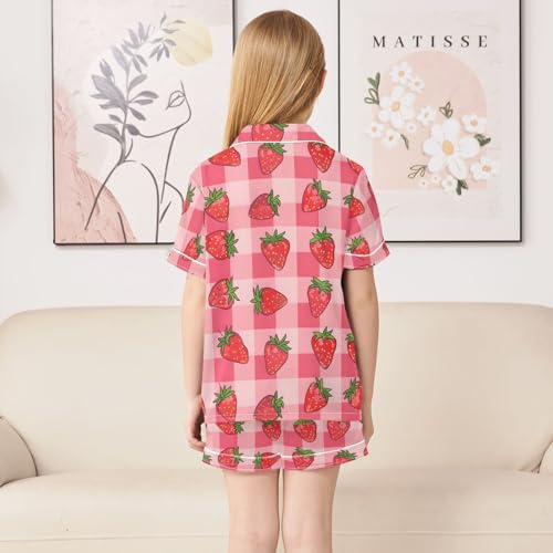 ALAZA Cartoon Strawberry Plaid Stylish Pajamas Satin Pajama Set Short Sleeve Button Down Sleepwear4
