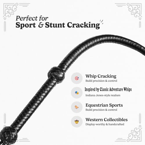 Image of Bull Whip Real Cow Hide Leather Equestrian Bullwhip Black 3ft, 4ft, 6ft, and 8ft Long for Sound Practice, Horse Handling & Costume Use