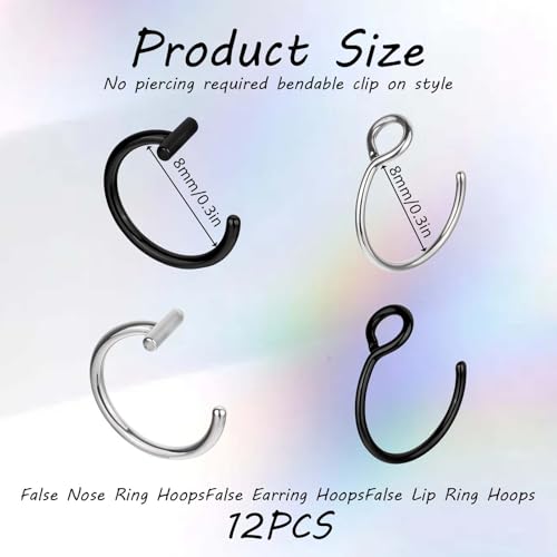 Fake Lip Ring, 12 Pcs Stainless Steel Fake Lip Piercing 8mm Faux Nose Rings Clip On Nose Ring Ear Cuffs Non Piercing Jewelry for Women Men (Silver, Black)2