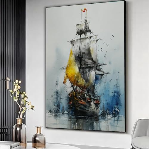 Voilier aquarelle nautique pour habiller un grand mur vide, toile vintage avec cadre