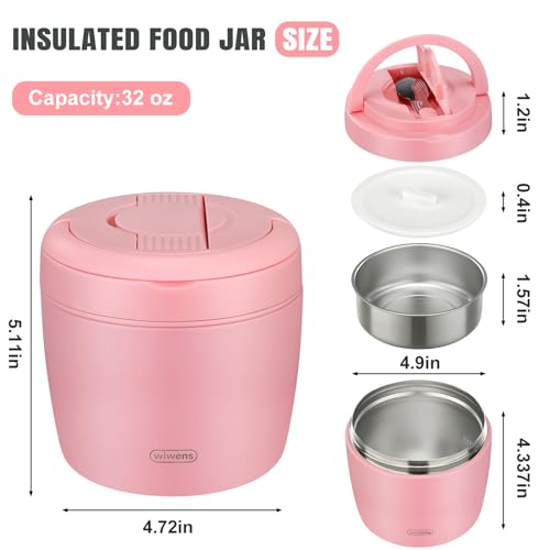 Image of wiwens Thermo Food Jar for Hot Food Adults 32OZ Soup Thermo Lunch Containers Wide Mouth Vacuum Insulated Stainless Steel Leakproof Bento Box with Spoon (Pink2)
