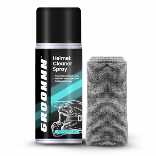 Image of GROOMMM Helmet Cleaner Spray Inner Foam 150ml With Lemonish Fragrance | Cleaner Instant Drying | Dirt Remover For Helmet Interior, Exterior & Visor With Microfibercloth | Safe For Skin & Hair