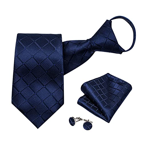 Image of DiBanGu Silk Zipper Ties for Men,Paisley Solid Plaid Pre-tied Tie and Pocket Square Cufflinks Set Formal Adjustable Necktie