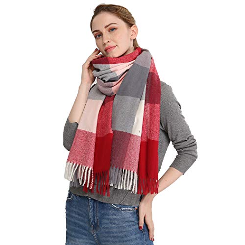 Longwu Bufanda de lana de cachemira suave para mujer Manta y envoltura de pashmina grande Manta de estola cálida Vino rojo#