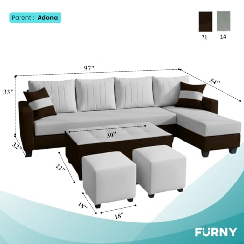 Image of FURNY Avenue 8 Seater Fabric RHS L Shape Sofa Set with 1 Centre Table & 2 Puffy (Light Grey-Dark Brown) Premium Velvet Finish