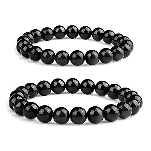 Black Tourmaline Bracelet 2 PCS: 8MM & 10MM | 3A Grade Natural Chakra Crystal Jewelry | Birthstone of October, Fit 6"-8" Wrist Size, Bring Luck, Peace & Love, Feng Shui Gift for Friends Familys