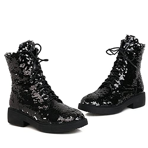 FIFSY Women Sequin Glitter Combat Ankle Boots Shiny Lace up Block Heels Sparkly Boots2