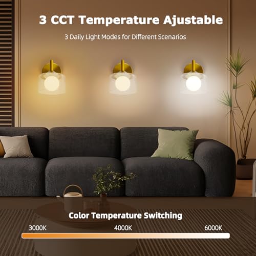 TYhogar Wall Sconces Set of Two, Gold Wall Lights with Clear Glass,Led Sconces Wall Decor Set of 2 Hardwired Hallway Light 3 Color Temperature Indoor Wall Sconce for Bathroom,Bedroom,Living Room — view 5