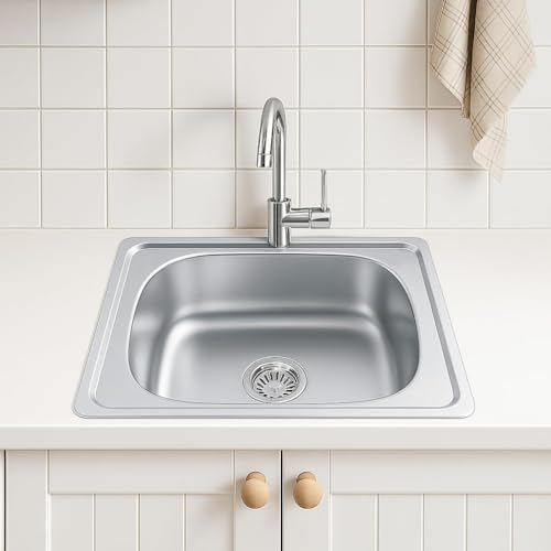 Melanstar Fregadero de acero inoxidable, 1 lavabo, incluye sifón y orificio para grifo (48 * 48cm)