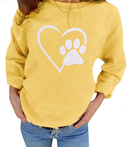 Bangely Heart Dog Paw Graphic Sweatshirt Women Cute Dog Mom Shirts Casual Crewneck Fashion Pullover Tops Yellow #TOP6