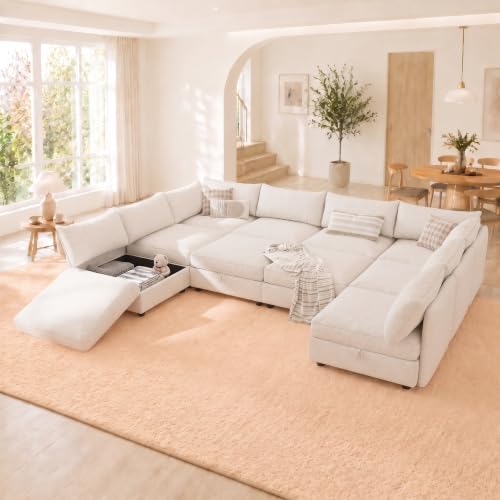 Image of 125 inch 10 Seat Modular Sectional Sleeper Sofa, Chenille Modern Modular Sofa Bed Hidden Storage, Convertible L&U Shaped Sleeper Couch with Ottoman, Couches for Living Room, Beige
