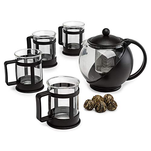 Primula Half Moon Glass Teapot with Removable Infuser Cups and Flowering, Superior Filtration, Gift, Tea Set for Service of 4 Adults, 40 oz, Black Primula Half Moon Glass Teapot with Removable Infuser Cups and Flowering, Superior Filtration, Gift, Tea Set for Service of 4 Adults, 40 oz, Black