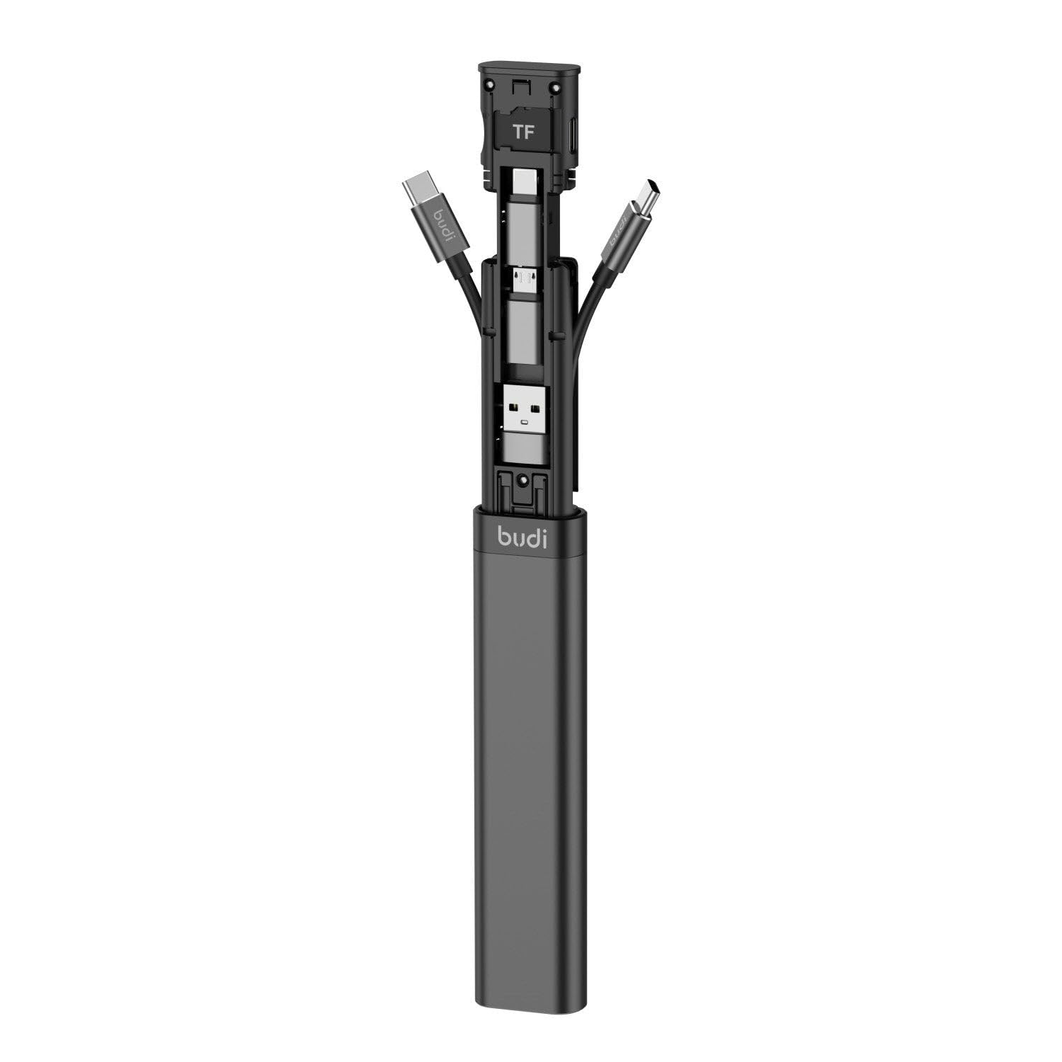 Budi 9-in-1 Essential Travel Charging & Data Sync Cable Stick for Smart Phone TF Card Storage - Black