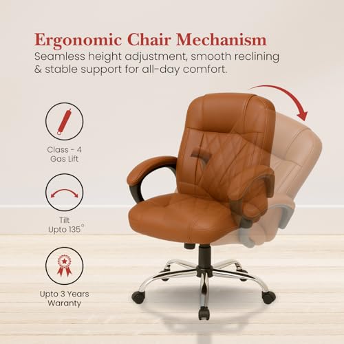 Image of activa Ergonomic Office Chair with Premium Leatherette & Padded Seat | Adjustable Height | Desk Chair for Work /Study | Chairs for Workstations (Galaxy, Tan)