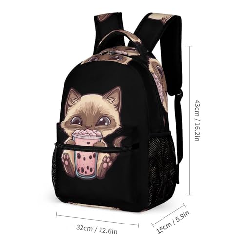 Siamese Cat Loves Drinking Bobo Tea Funny Backpack Set Lunch Bag Pencil Case Makeup Bag 3 in 1 for Men Women Travel2