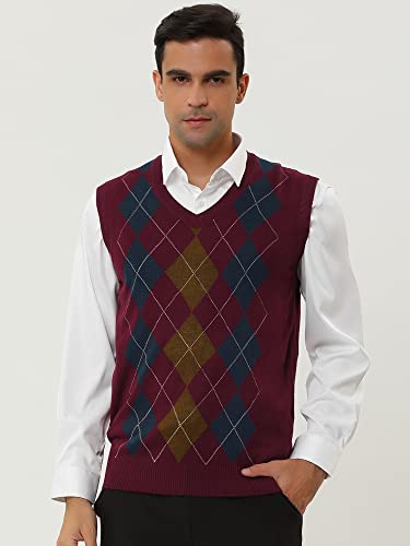 Lars Amadeus Men's Casual Argyle Vest Sweater V Neck Slim Fit Sleeveless Knit Pullover Medium Red #TOP2