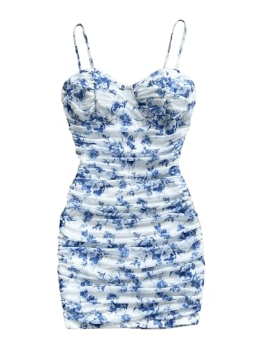GORGLITTER Women's Floral Mesh Bodycon Mini Dress Ruched Spaghetti Strap Cami Dresses Summer Beach Going Out Dress