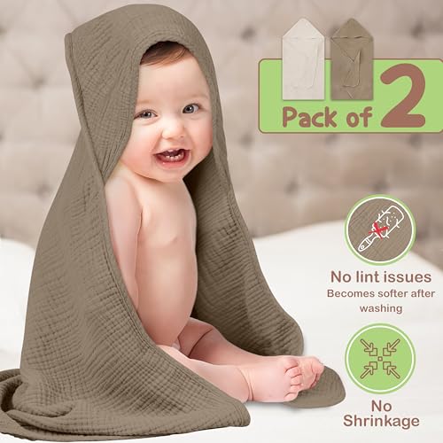 Image of 100% Organic Cotton Muslin Baby Hooded Towel, 32x32 in, Olive & Ivory, 2 Pack, Soft Absorbent 4-Layer Hooded Bath Towel for Newborns, Infants, Toddlers, Boys, Girls, Oeko-TEX