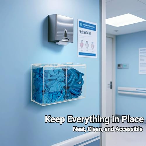 Image of Glove Dispenser Wall Mounted Medical Glove Holder with 2 Compartment Clear Acrylic Hygiene Dispenser for Hair Nets, Shoe Covers, Beard Nets - Sanitation Station Storage Organizer