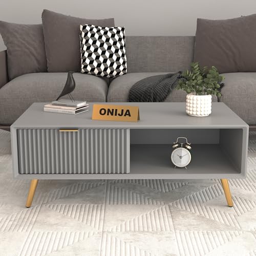 Image of ONIJA Modern Coffee Table for Living Room | HDMR Premium Wood Center Table with Storage Shelf | Matte Finish Coffee Table | Wooden Tea Table with Sturdy Legs (Grey)