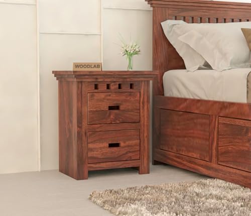 Image of WOODLAB Solid Sheesham Wood Bedside End Table with 2 Drawer Storage for Bedroom Wooden Nightstand Table Home Office (Kuber Honey Finish)