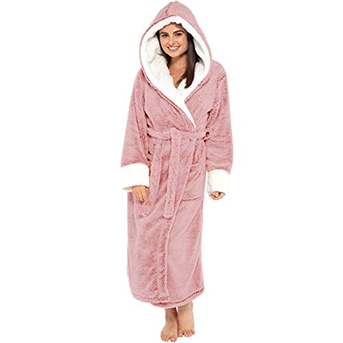 Women's Long Fleece Hooded Robe,Thicken Warm Shaggy Kimono Bathrobe Ultra Soft Housecoat Sleepwear Pink M