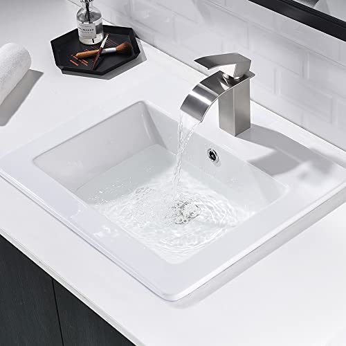 Drop In Bathroom Sink With Brushed Nickel Faucet, Jshozzy 21"X18" White Porcelain Ceramic Bathroom Lavatory Vessel Sink Combo With Faucet And Pop Up Drain #TOP5
